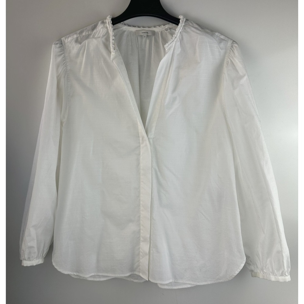 Vince Braid Trim Band Collar Blouse Button Top Deep V-Neck XL Minimalist Office - Picture 2 of 15